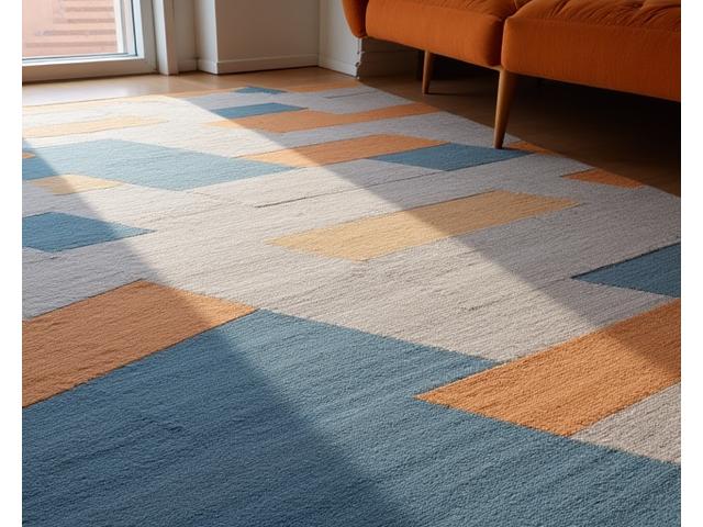 Akustisk teppe med intrikat geometrisk mønster i et moderne rom