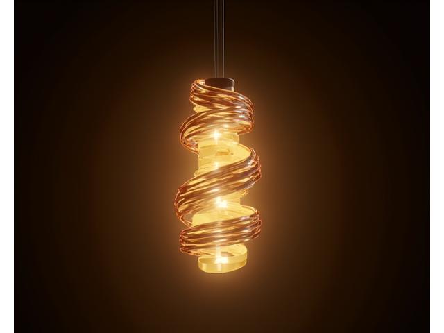 Abstrakt bilde av en elegant pendellampe hvis design følger Fibonacci-spiralen, med gyldent lys som utstråler fra strukturen.