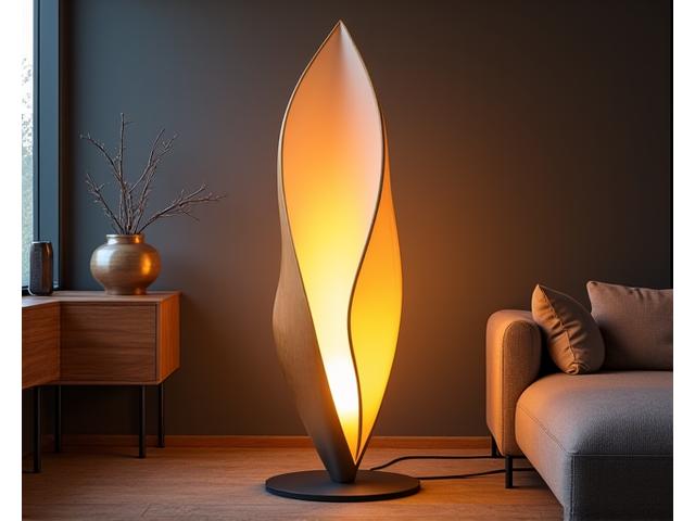 Skulpturell gulvlampe i metall og tre med en unik, matematisk form, plassert i et stuehjørne.