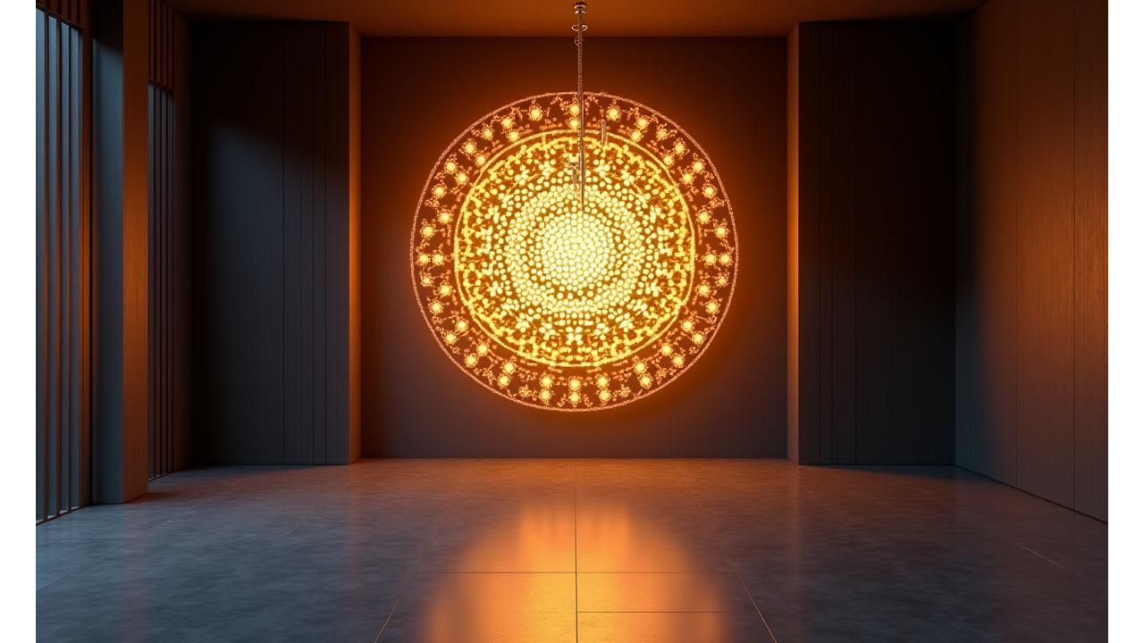 Dramatisk bilde av en unik, geometrisk belysningsinstallasjon som skaper en magisk atmosfære i et moderne rom. Bakgrunnen er mørk, og lyset fra lampen er varmt gult og oransje, med hint av blått. Designet er inspirert av fraktale mønstre.