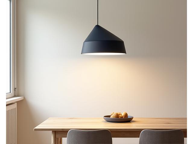 Elegant geometrisk pendellampe med varmt lys i et moderne kjøkken.