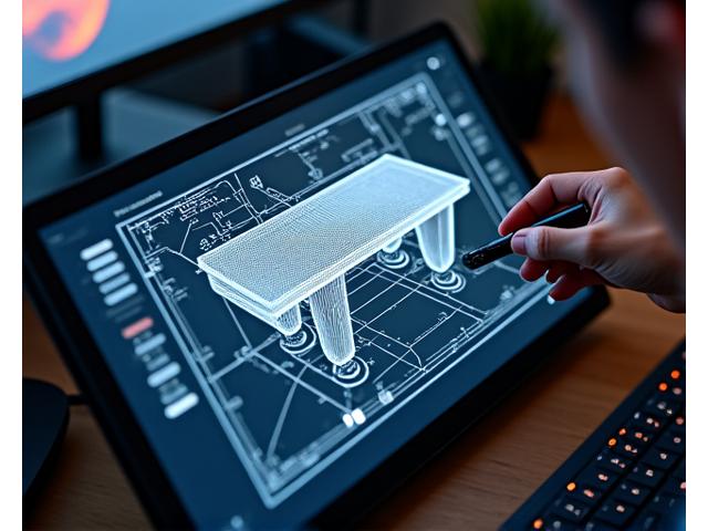 Detaljert 3D-modell av et moderne spisebord med synlige matematiske grid-linjer