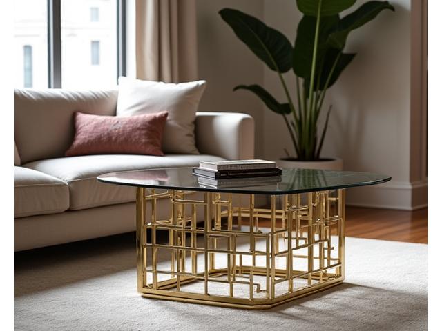 Sofabord med glassplate over en intrikat geometrisk ramme laget av børstet stål, i en minimalistisk stue i Oslo sentrum