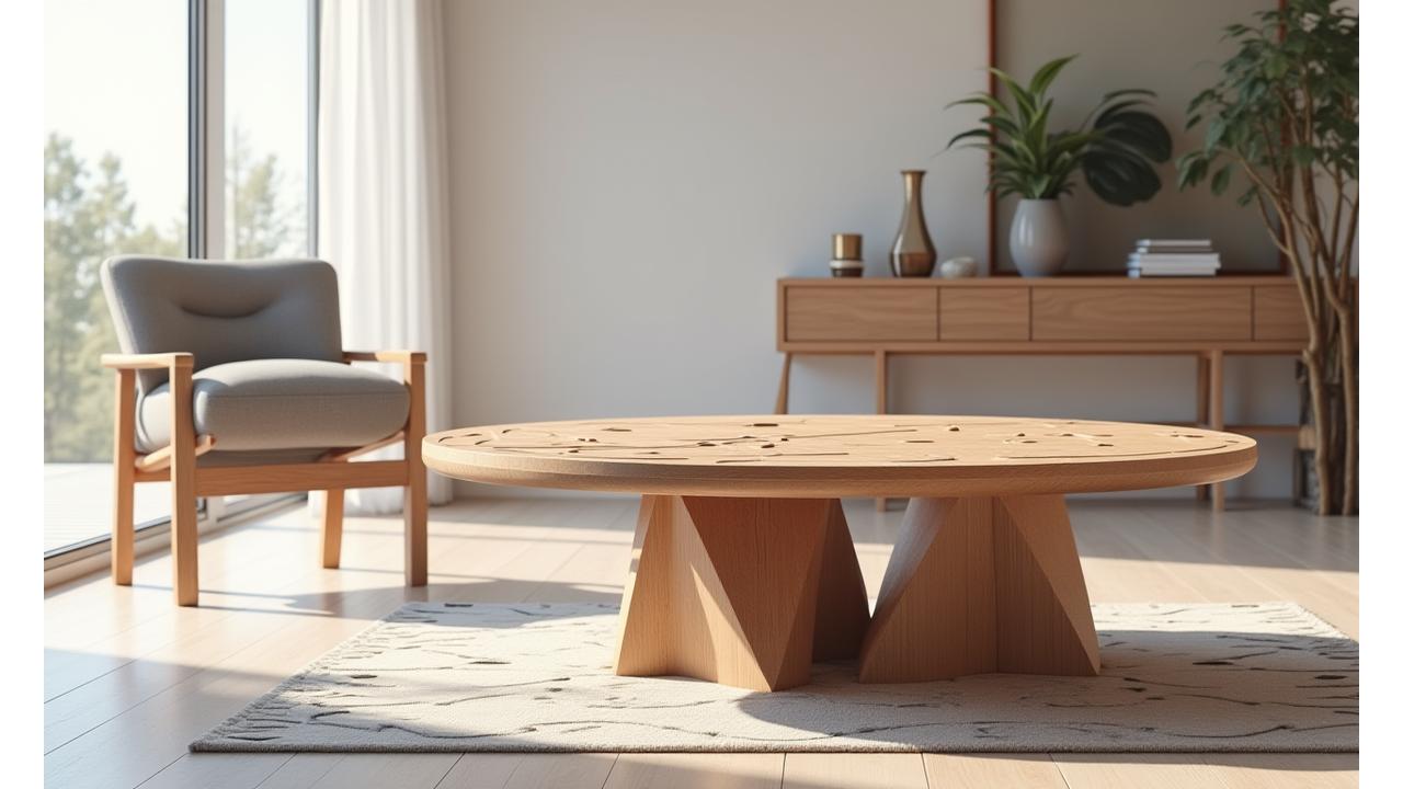 Galleri av unike, skreddersydde møbler med geometriske former, i et moderne skandinavisk interiør