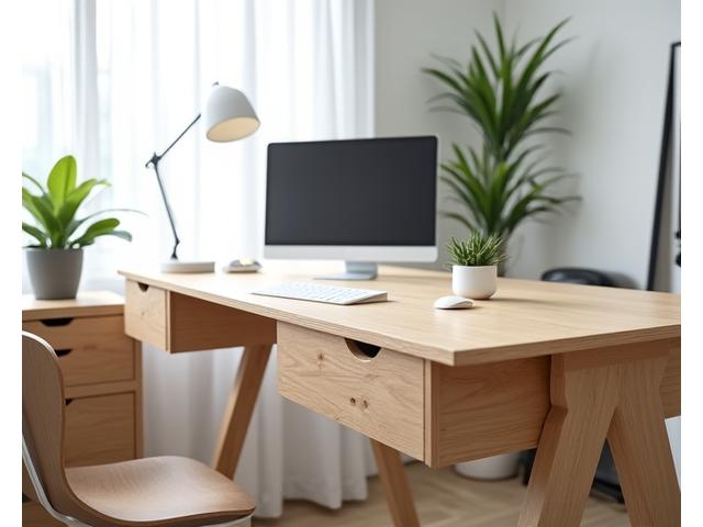 Ergonomisk utformet hjemmekontorpult i massivt tre med integrert oppbevaring og geometrisk utskjæring