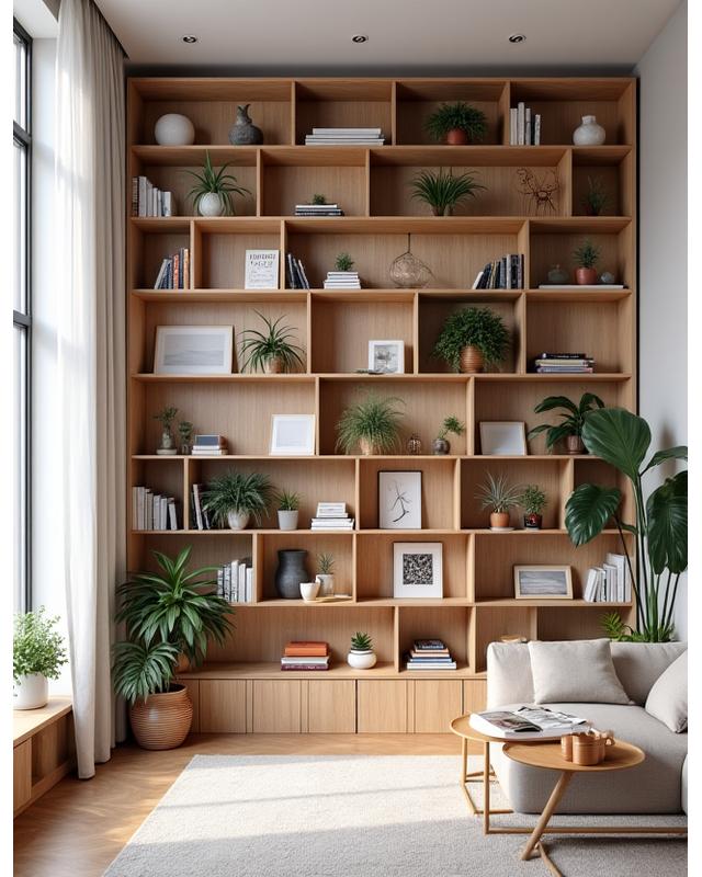 Modulært bokhylle-system som dekker en hel vegg, designet med Fibonacci-sekvensprinsipper for en leilighet på Frogner