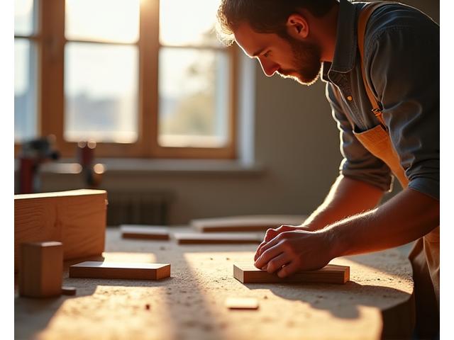 Håndverker som arbeider med tre i et lyst verksted i Oslo, med fokus på detaljer