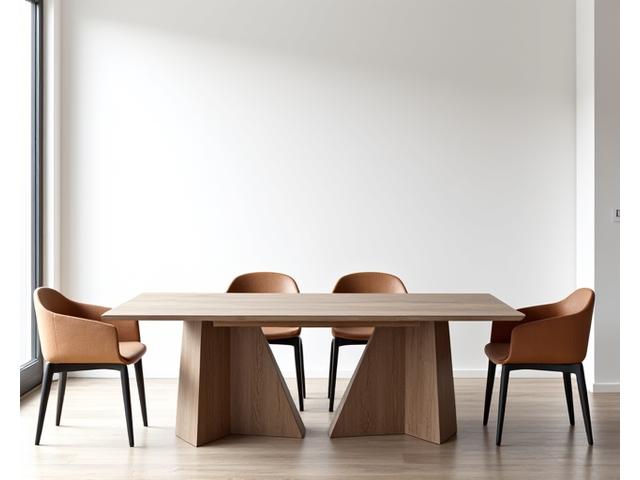 Moderne spisebord med geometrisk base og stoler i minimalistisk design i et lyst nordisk hjem