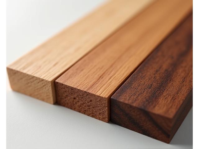 Samling av ulike bærekraftige tresorter: eik, ask, valnøtt med synlig struktur