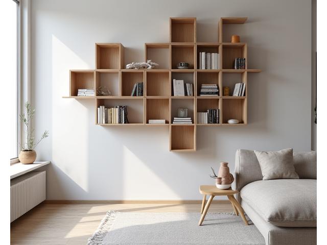 Vegghylle-system i eik med varierende dybder og vinkelformede seksjoner, fylt med bøker og dekor