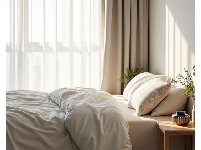 Beroligende soverom med naturlige materialer for forbedret velvære