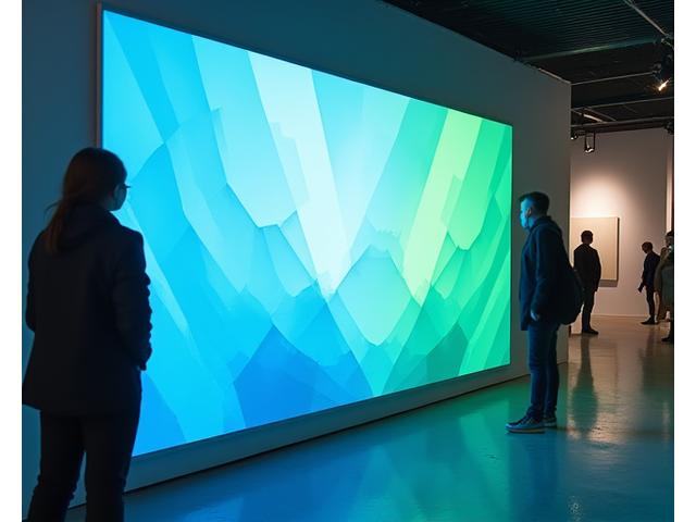 Abstrakt kunstinstallasjon utstyrt med diskrete bevegelsessensorer som subtilt endrer farge og lysrespons når folk nærmer seg.