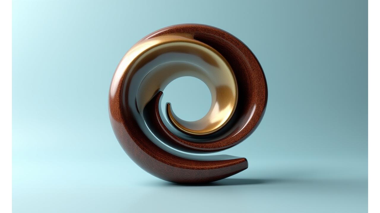 En elegant skulptur som tydelig viser en Fibonacci-spiral, laget av tre og metall, i et skarpt studio lys.