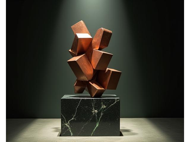 En abstrakt skulptur bygget av polerte metallgeometriske former, plassert i et minimalistisk rom.