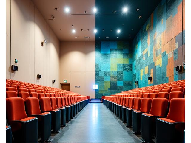 Før og etter-bilde av et universitetsauditorium. Etter-bildet viser veggene smykket med inspirerende, matematisk-inspirerte kunstpaneler for å fremme læring og kreativitet.