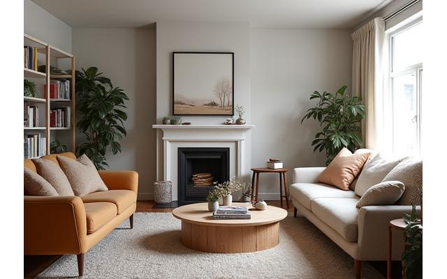 Før/etter bilde av et stueprosjekt med geometrisk oppgradering.