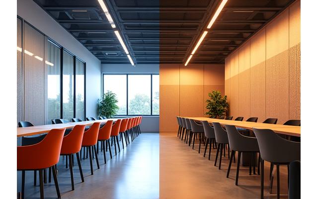 Før/etter bilde av et kontorlandskap i Oslo sentrum med ny møblering og akustiske løsninger.