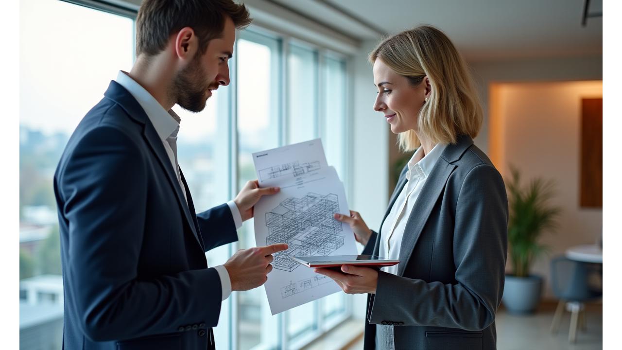 To grunnleggere, en arkitekt og en matematiker, diskuterer designprinsipper i et lyst studio fullt av geometriske modeller og skisser.