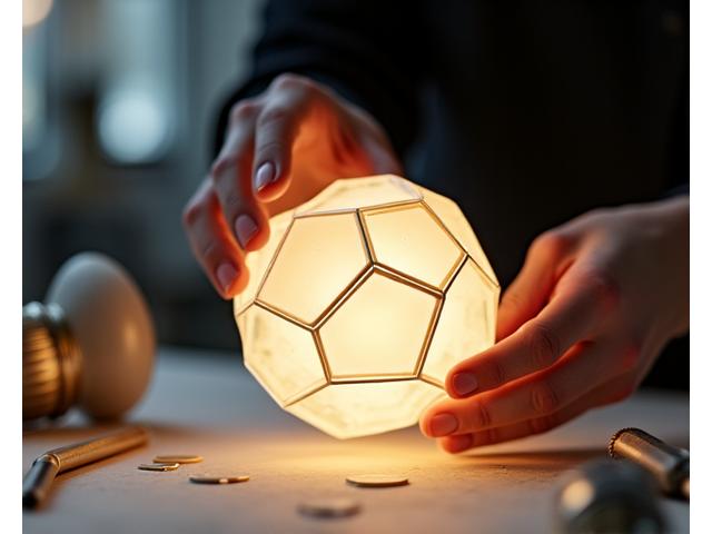 Bilde av en designer som arbeider med en prototype av en geometrisk inspirert lampe.