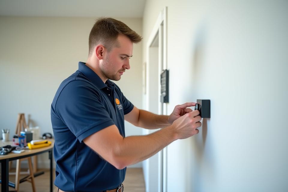 En Vinkel Veven tekniker i et profesjonelt, rent arbeidsantrekk, diskret installerer en smart sensor i en vegg, med fokusert blikk. Bakgrunnen viser et moderne, uferdig interiør. Soft studio lighting.