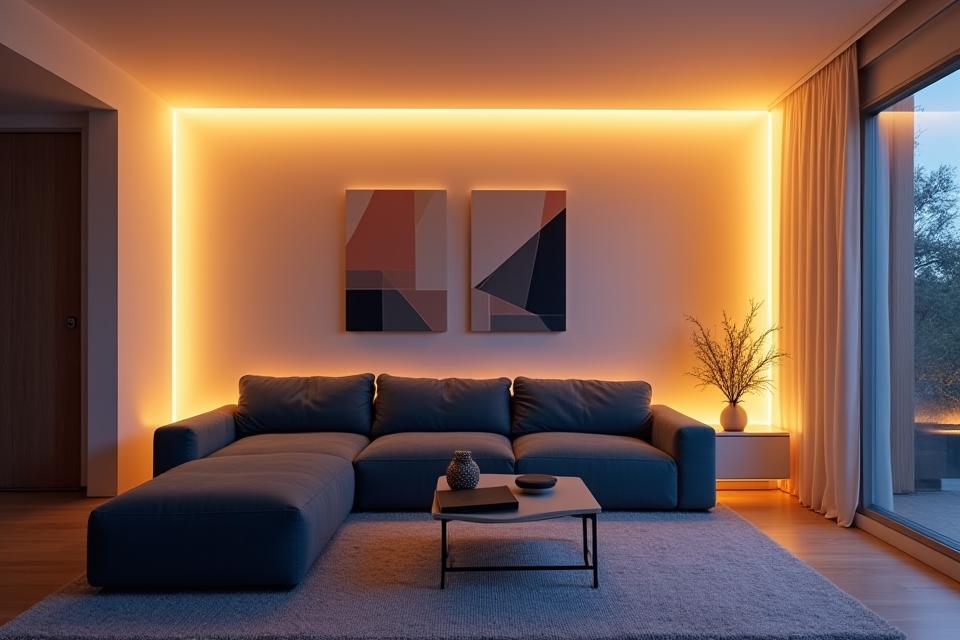 Et elegant, minimalistisk rom med smart, dimbar belysning som skaper ulike stemninger, fra varm kveldsglød til skarpt arbeidslys. Geometriske lampeskygger kaster mønstre på veggen.