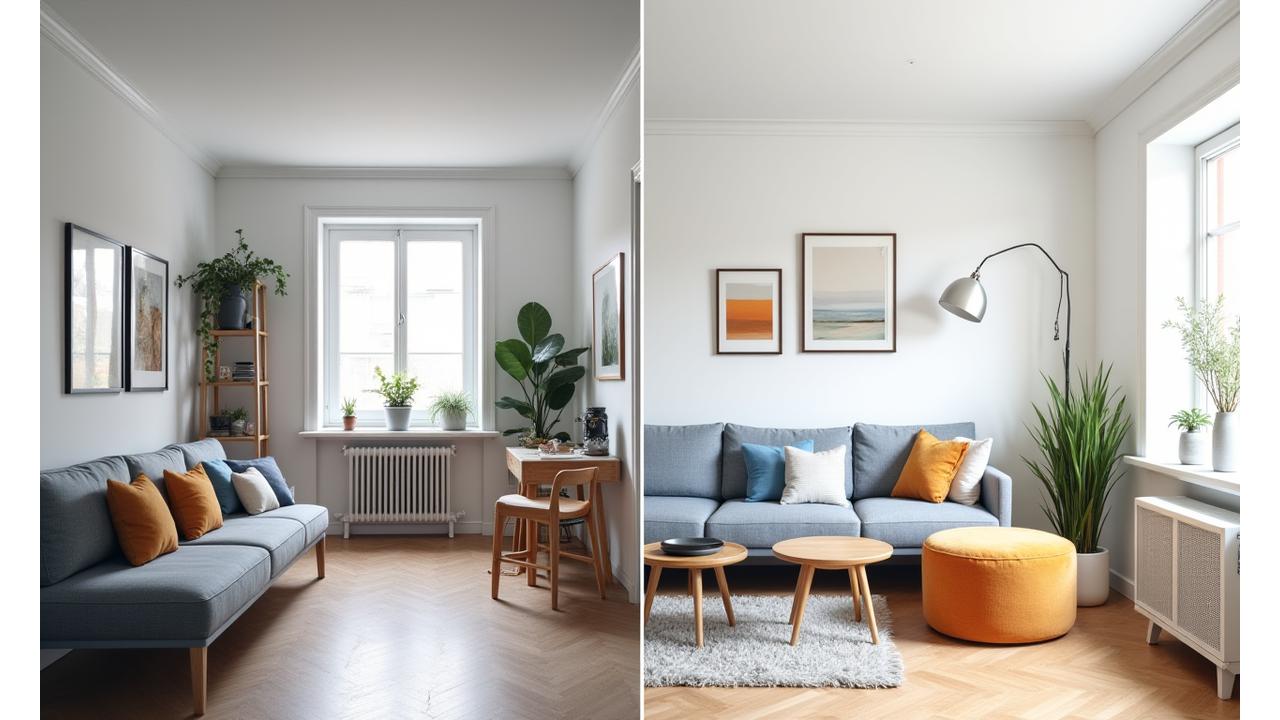 Før og etter bilde av en liten leilighet med forbedret funksjonalitet