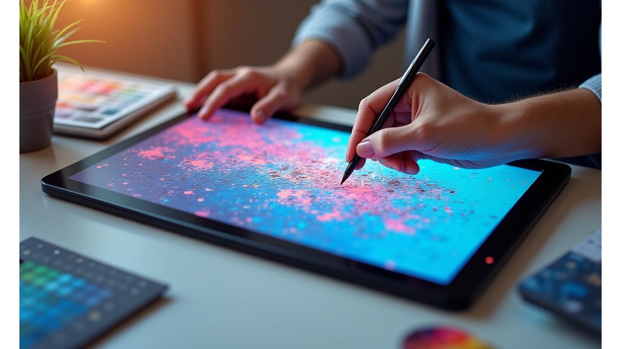 Designer som arbeider med tapetmønster på et nettbrett, med fargeprøver og designverktøy rundt seg