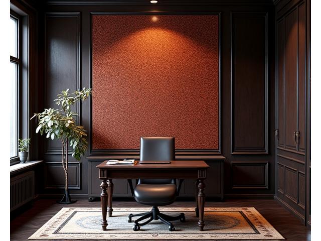 Komplekst fraktalt mønster tapet i dype blåtoner, skaper en illusjon av dybde i et elegant kontor