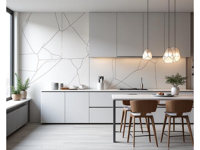 Moderne tapet med rene, skarpe geometriske former i sort og hvitt, i et minimalistisk kjøkken