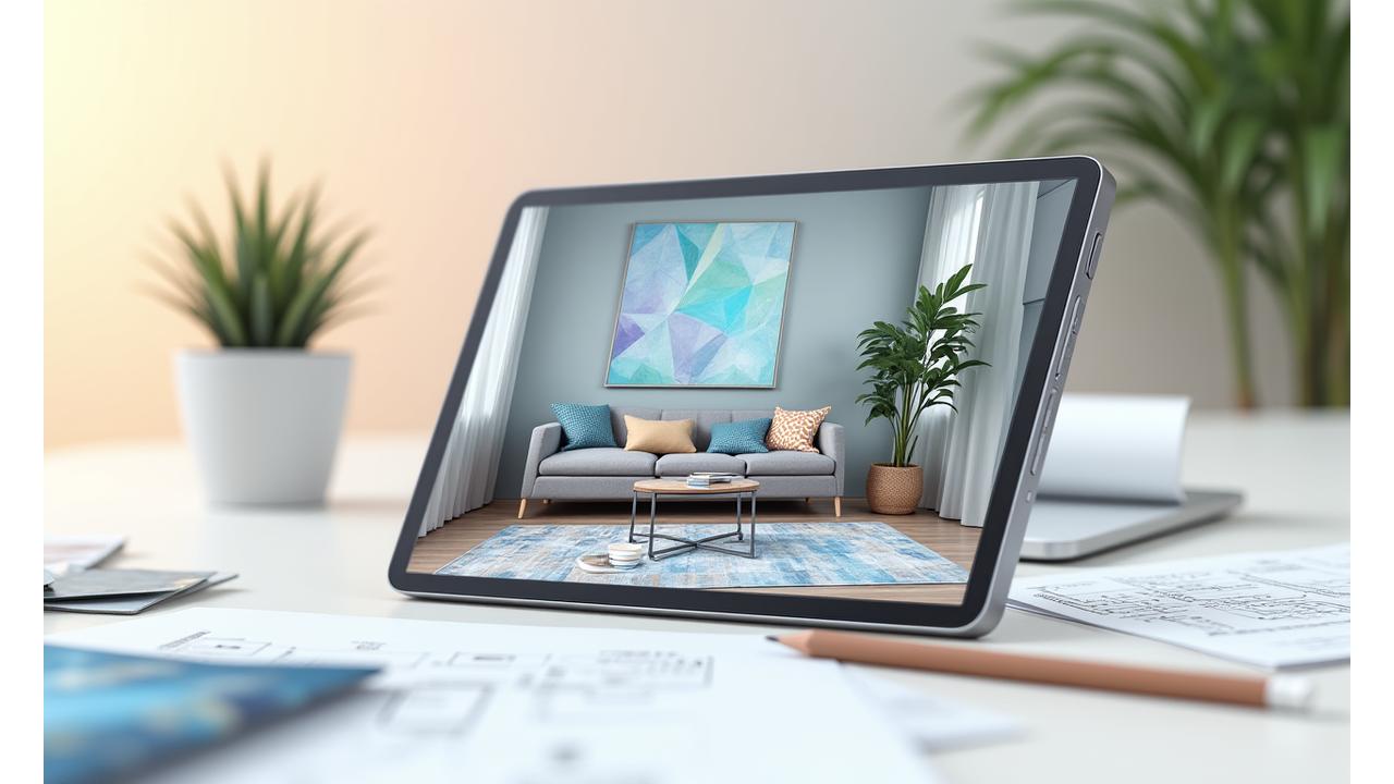 Interaktivt visualiseringverktøy som viser et tapetmønster på en vegg i et stuebilde på en nettbrettskjerm