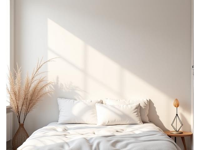 Fredelig soverom med tapet i milde, organiske mønstre, skandinavisk interiørstil