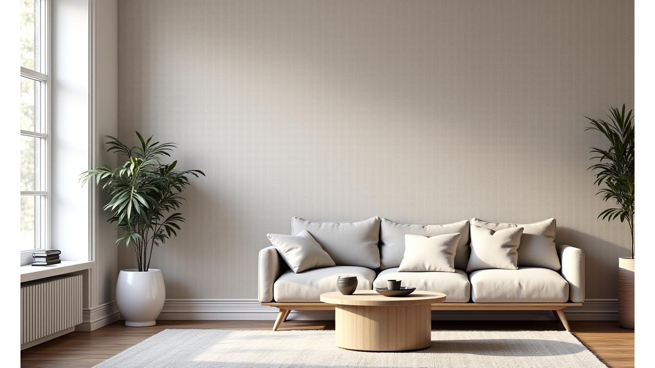 Eksklusivt tapetdesign med intrikate geometriske mønstre i et moderne interiør, lyssatt fra siden