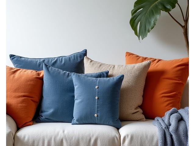 Puter i ulike teksturer og geometriske mønstre arrangert på en sofa, i en harmonisk fargepalett